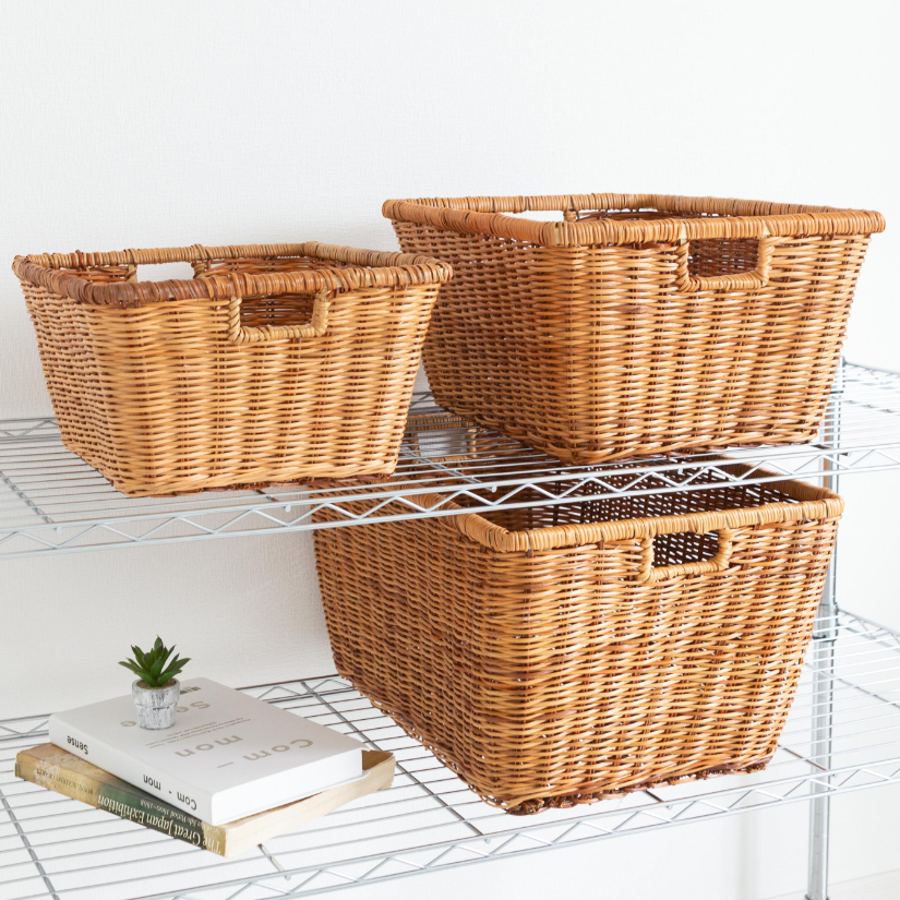 天然素材ラタンバスケット（L） 幅50×奥35×高さ28cm 3個セット BOX