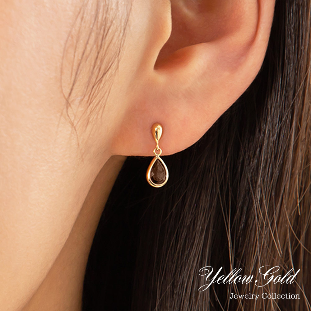 女性へのプレゼント K18YG スモーキークォーツ ピアス 18金イエロー