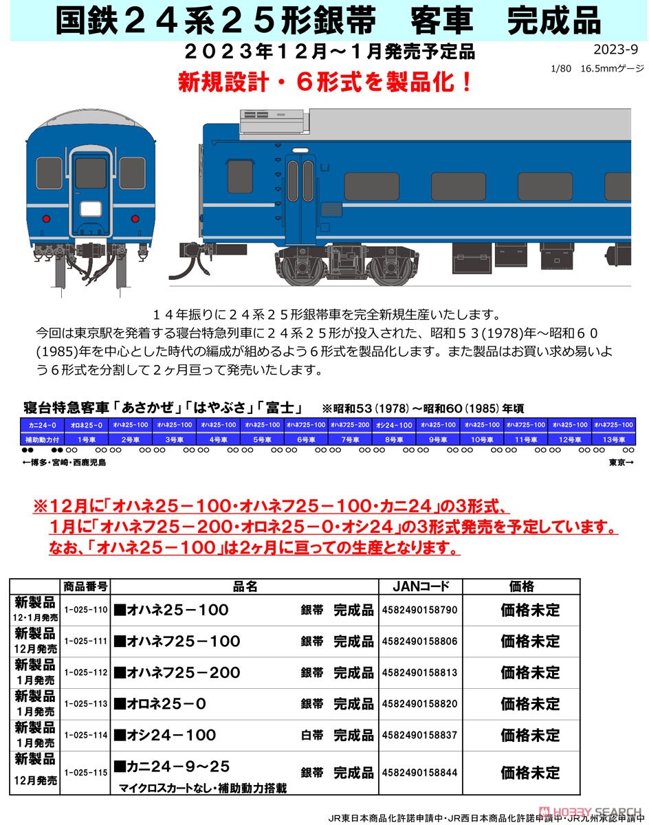 16番(HO) 国鉄 24系25形客車 銀帯車 完成品 オハネ25-100 銀帯 (塗装