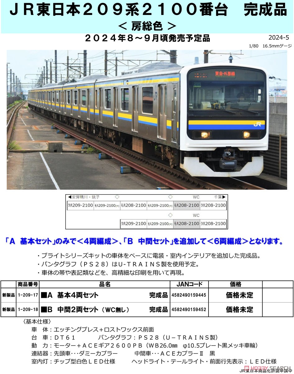 16番(HO) JR東日本 209系2100番台 完成品 ＜房総色＞ B 中間2両セット
