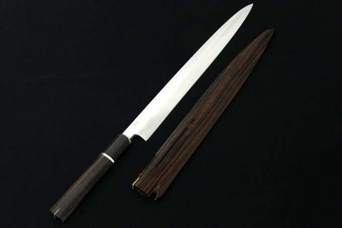 7349柳刃包丁 尺寸 ウルトラ鏡面仕上げ 刺身包丁 黒檀黒水牛角二本銀巻