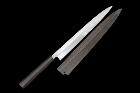 本家 柳刃包丁 尺一 334mm 本焼 両鏡面 白水牛紫檀八角柄 白鞘付 O673