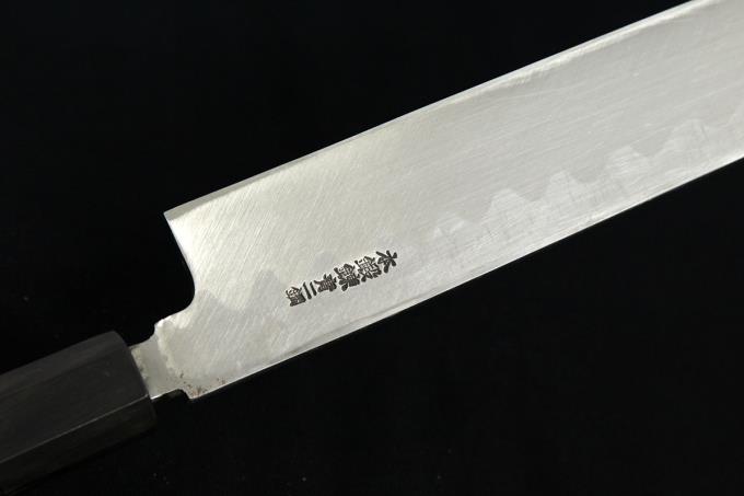 特製 柳刃包丁 尺一 霞 本鍛錬 青二鋼 水牛黒檀八角柄 箱付 【O334