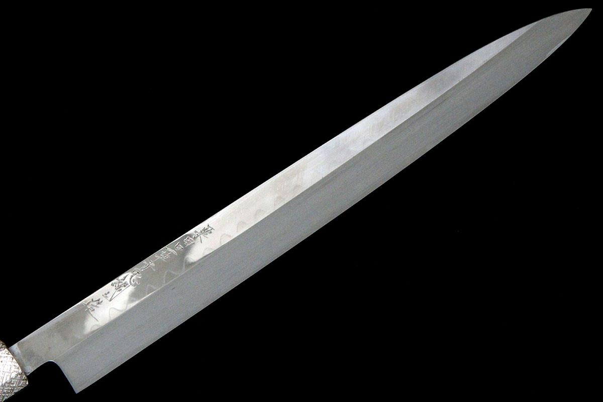 柳刃包丁 尺一 本焼 平鏡面 象牙 銀巻 黒檀柄 目釘留 黒檀鞘・袱紗・御