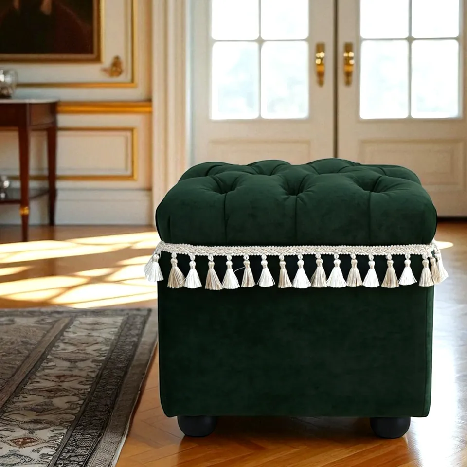 ロワイヤル ヴェール タッセル付 収納スツール ベルベット グリーン