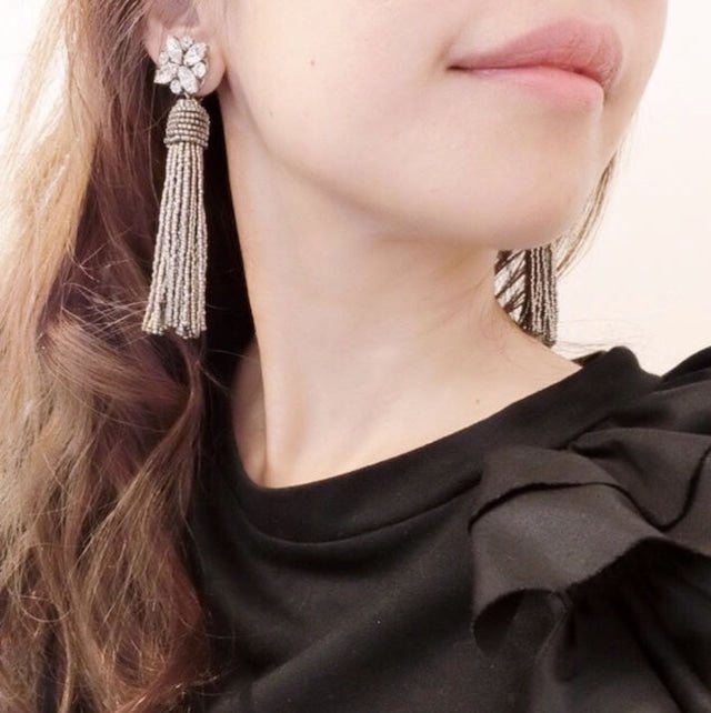 ビジュークローバーシルバービーズタッセルピアス＆イヤリング
