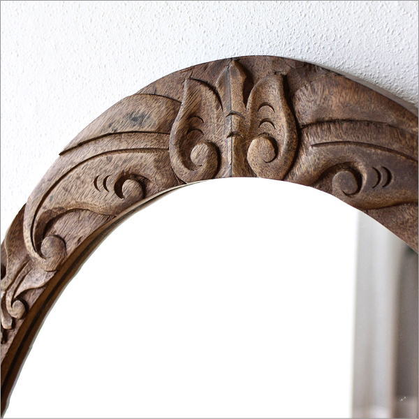 鏡 壁掛け 木製 ミラー 高さ70cm 楕円 彫刻 玄関 洗面 ウォールミラー