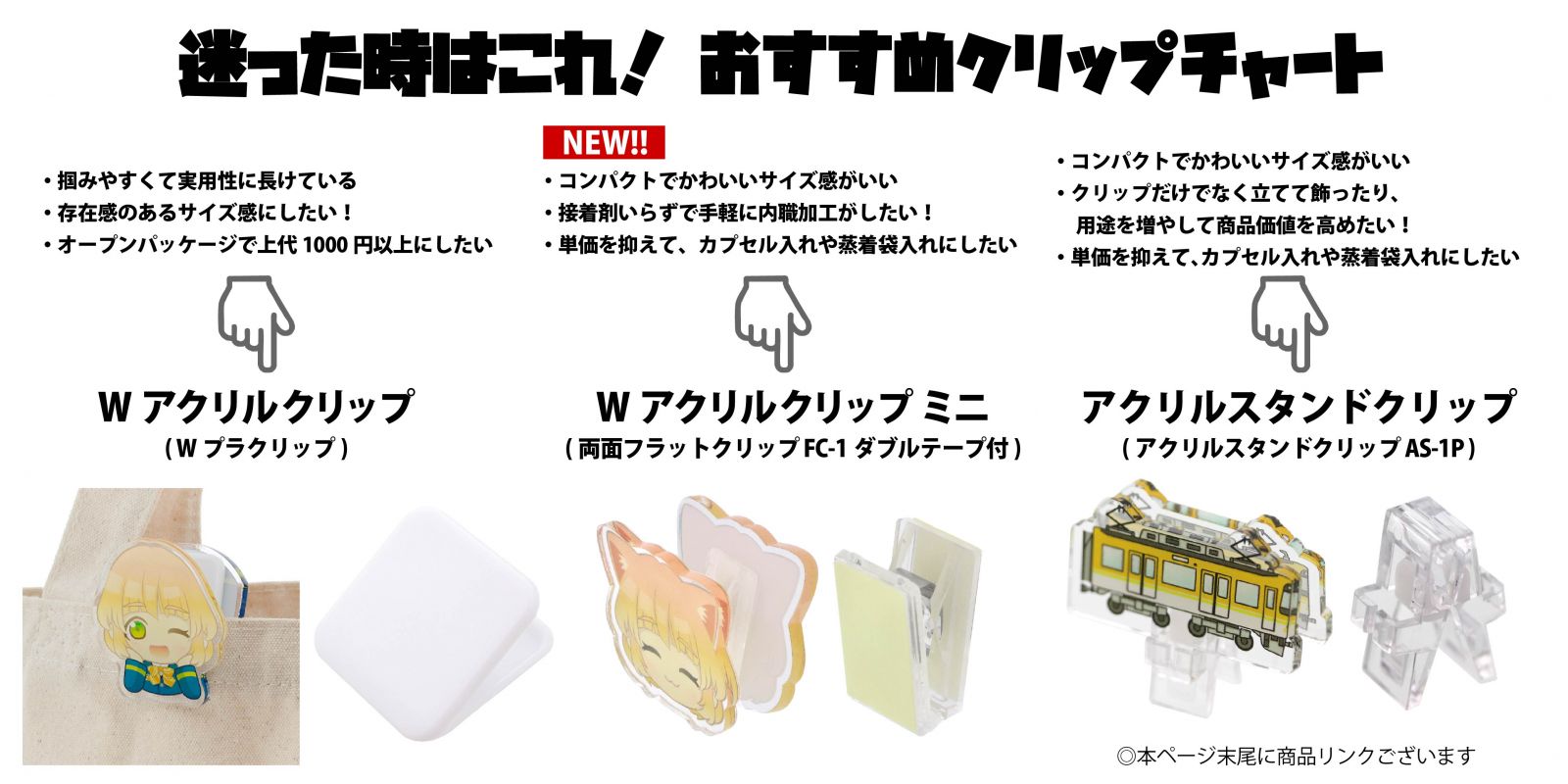 リバーシブルで飾ることができ、握りやすく使い心地もいいアクリルクリップ