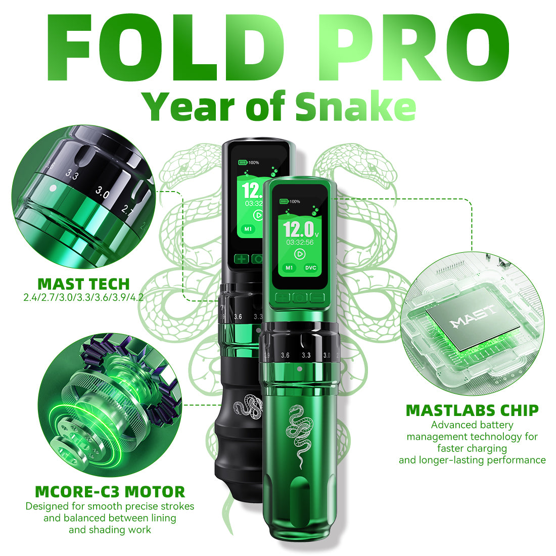 Dragonhawk Fold Pro Year of Snake Edition Wireless Tattoo Machine Pen