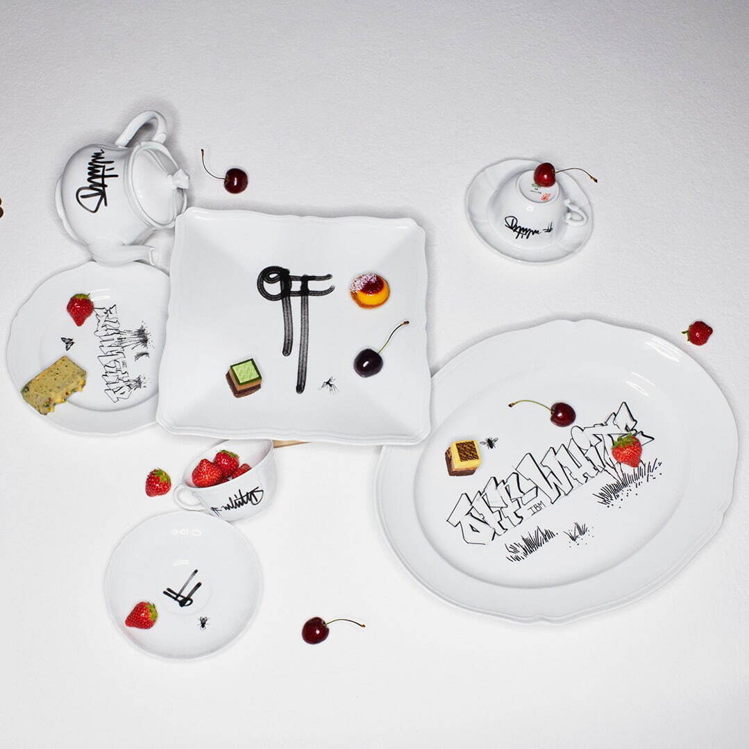 オフ-ホワイト×ジノリ1735コラボ食器、“グラフィティアート”を配した