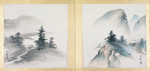 橋本雅邦 水墨画 【 夏景山水図】 子息 橋本永邦極め箱 落款照合済