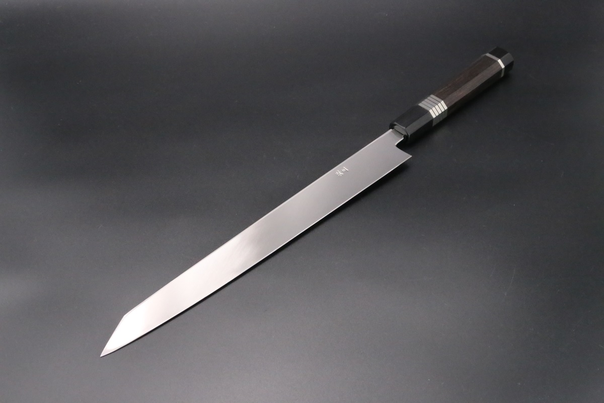 切付柳刃 銀三 330mm 鍛造 表鏡面仕上げ 黒檀柄 鞘付き-歌舞伎ナイフ