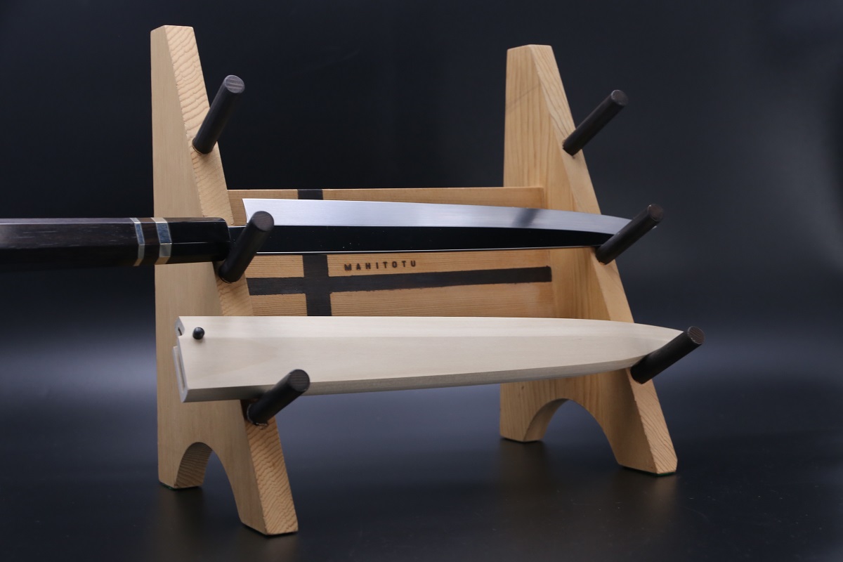 切付柳刃 銀三本焼 300mm 平鏡面 黒檀柄 鞘付き【左利き用】-歌舞伎ナイフ