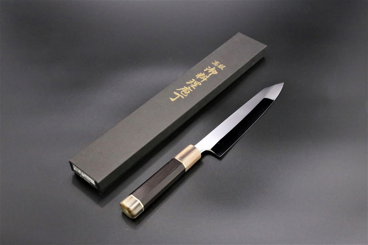 勘所切付 V金10号 210mm 両刃しのぎ有 全鋼本焼 全鏡面 黒檀柄-歌舞伎