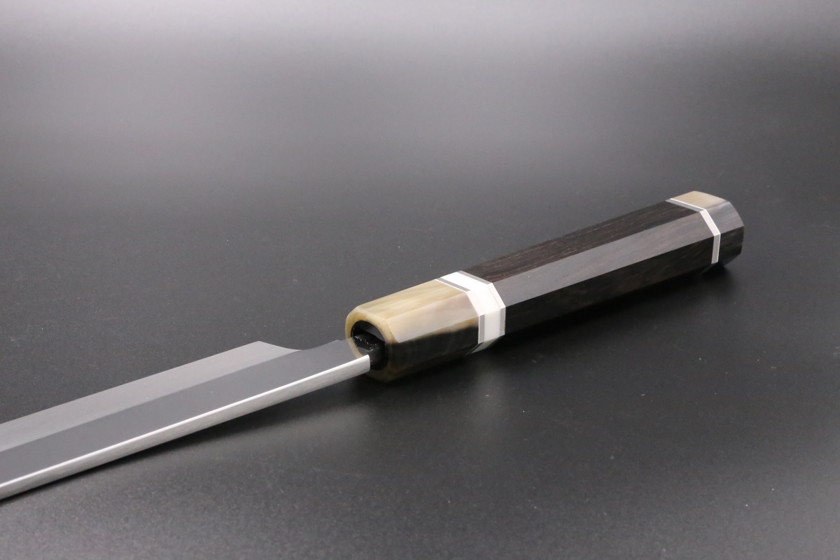 柳刃 白一鋼 330mm 水本焼 正行作 八角黒檀柄 池田辰男作-歌舞伎ナイフ