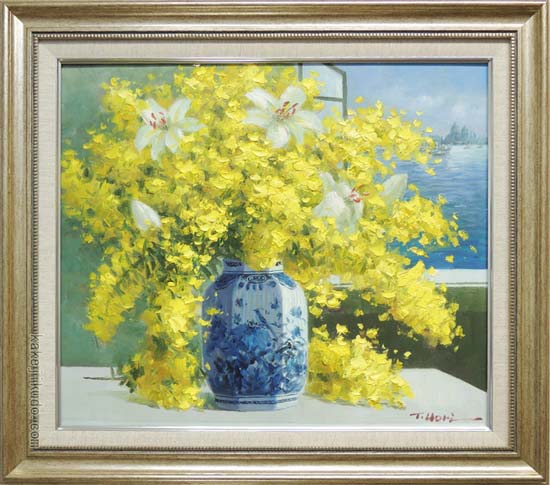 絵画 油絵 ミモザとカサブランカ （堀哲夫） 送料無料 【肉筆】【油絵