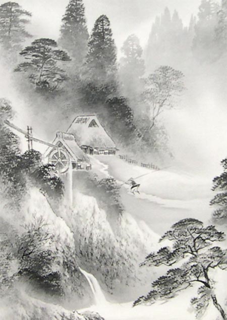 掛け軸 水墨山水 (堀江湖城) （掛軸小物なし） 送料無料 【掛軸】 商品