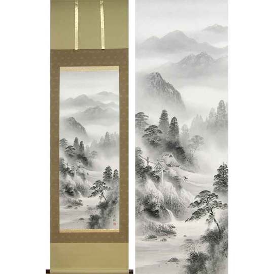 掛け軸 水墨山水 (堀江湖城) 送料無料 【掛軸】【一間床・半間床
