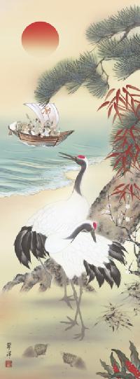 鶴亀三友福神図 遠山翠洋 尺五 日本製 開運画 - 掛け軸（掛軸）販売