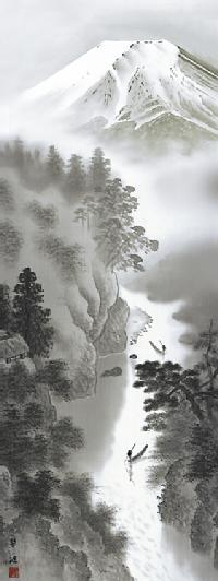 彩色山水 富峰山水 戸塚翠漣 （白翠会）尺五 日本製 山水画 - 掛け軸