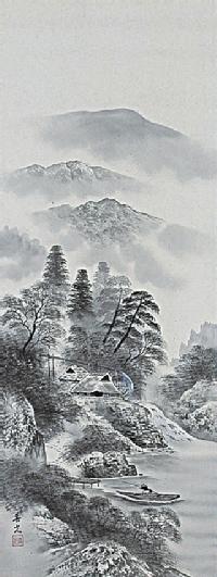 水墨山水 安江春光 尺五【肉筆】！ 山水画 - 掛け軸（掛軸）販売通販