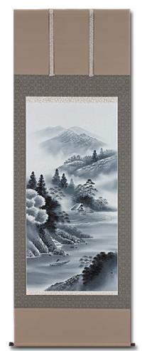 水墨山水 川島広陽 尺八立 肉筆！ 山水画 - 掛け軸（掛軸）販売通販