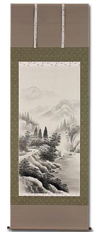 水墨山水 山本翠雲 尺八立 肉筆！ 山水画 - 掛け軸（掛軸）販売通販