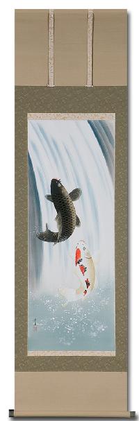 夫婦滝登り鯉 佐藤景月 尺五立 肉筆！ 大特価商品 - 掛け軸（掛軸