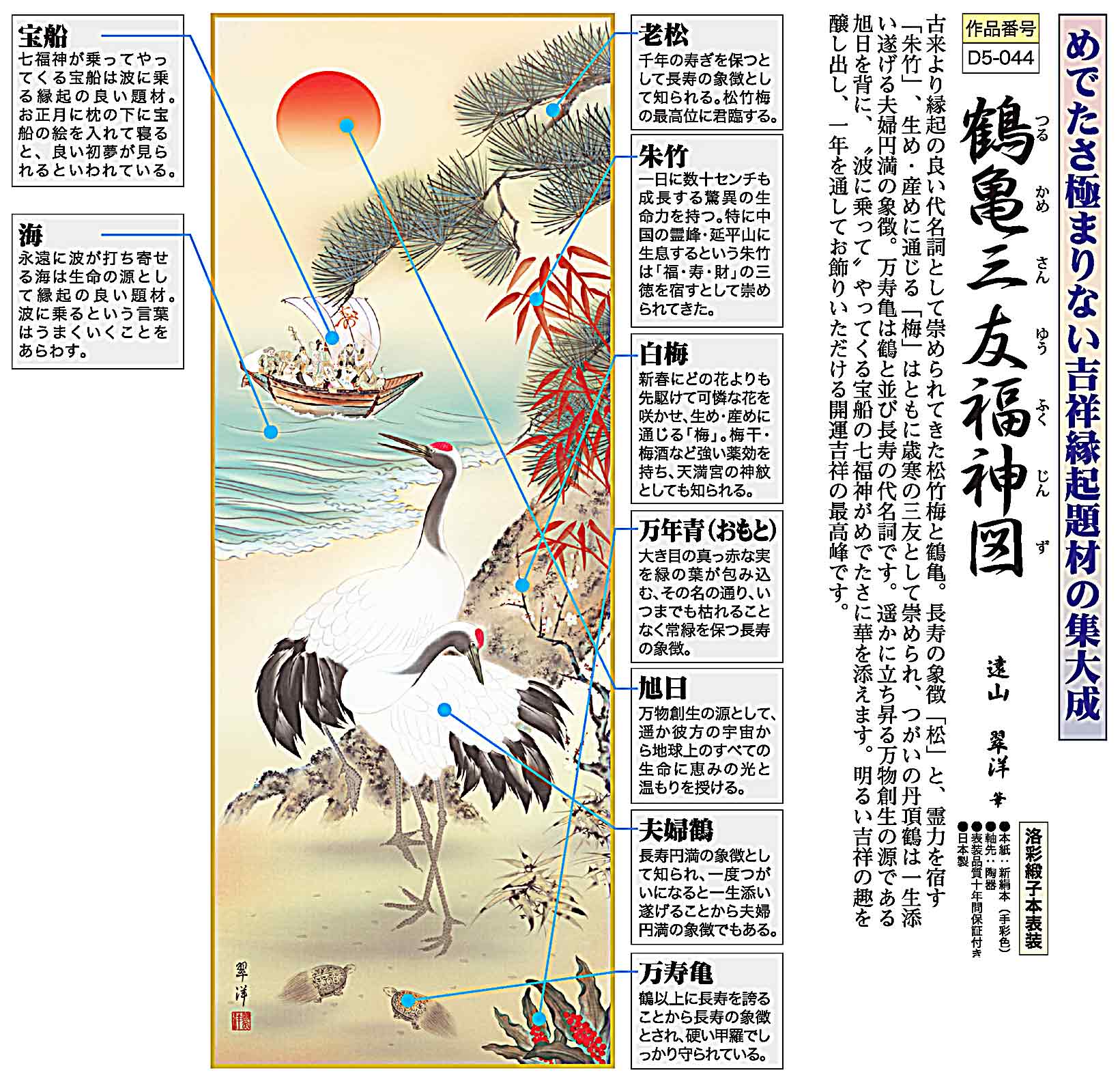鶴亀三友福神図 遠山翠洋 尺五 日本製 開運画 - 掛け軸（掛軸）販売