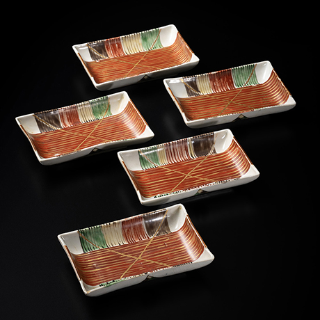 No.40 金彩色絵糸巻文長角向付 五客入 / A set of 5 rectangular
