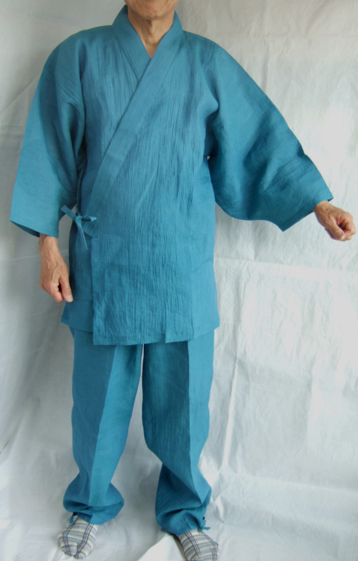 マリンブルーの色が夏に映える、近江ちぢみ本麻作務衣 L寸