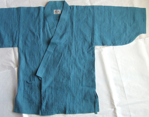 マリンブルーの色が夏に映える、近江ちぢみ本麻作務衣 L寸