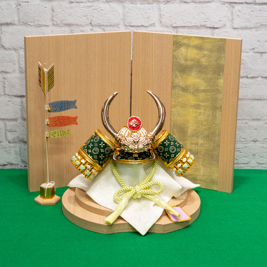 甲州印伝 緑地富士山柄 8号 武田信玄兜 山桃染円形飾りセット midori