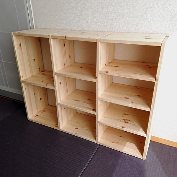 250mm 幅の集成材だけでつくるオープンシェルフ（Kregポケットホール