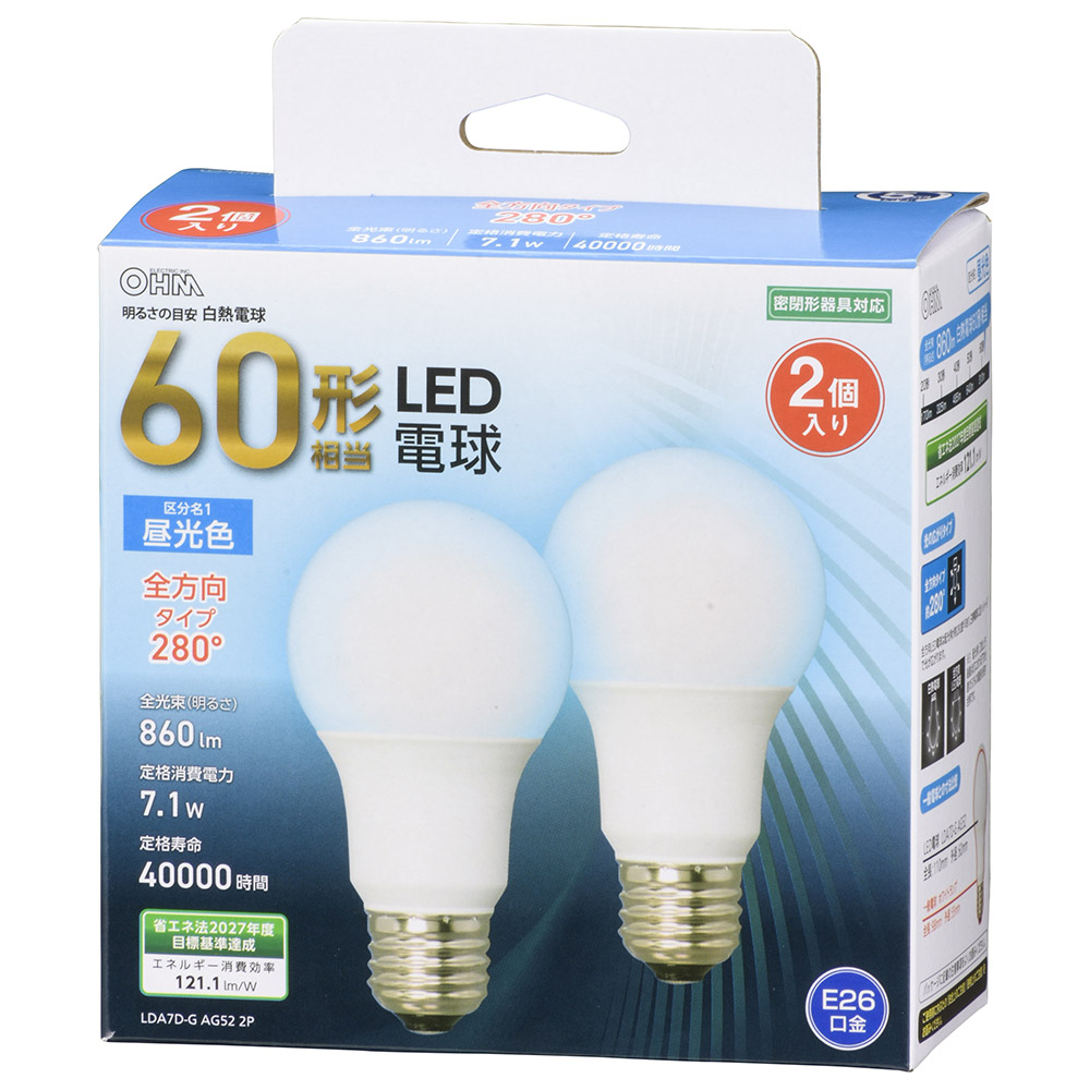 LED電球 E26 60形相当 昼光色 全方向 2個入 [品番]06-4709｜株式会社