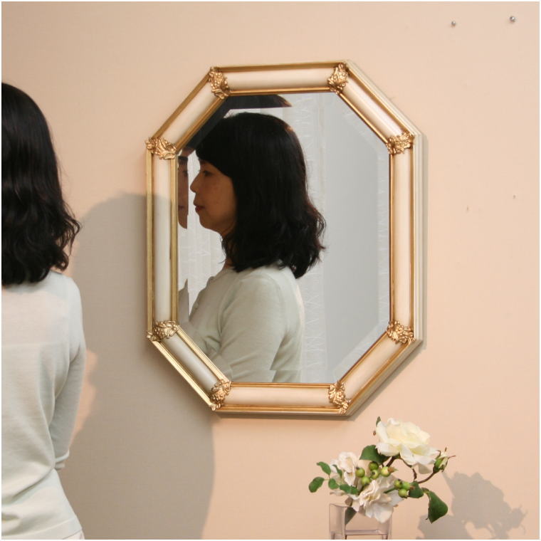 イタリア直輸入 かわいい木製八角形ウォールミラー アンティーク