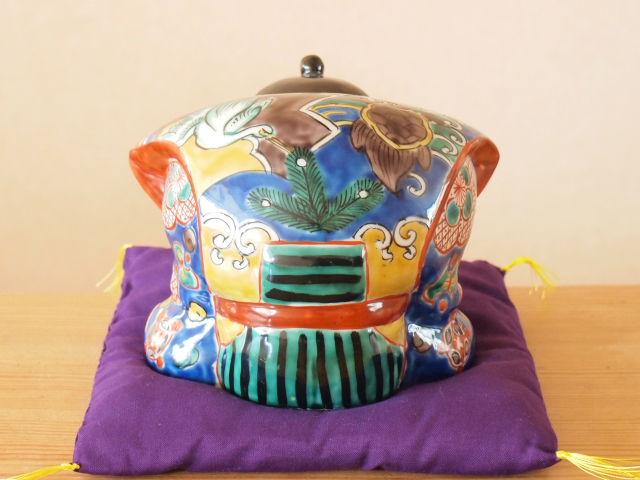 九谷焼 4号お辞儀福助 青九谷 布団付 九谷焼マルヨネ 陶芸窯和陶房