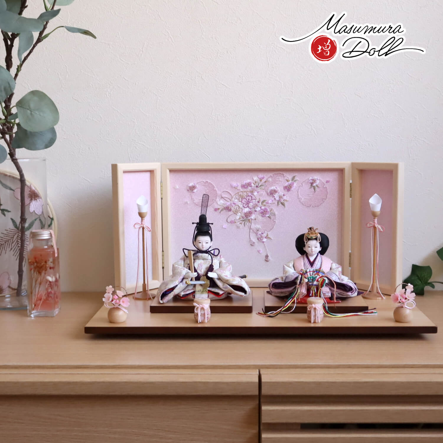 華峰作 柳親王 正絹西陣織 唐花クリーム ヒノキ枠屏風 本刺繍「ピンク