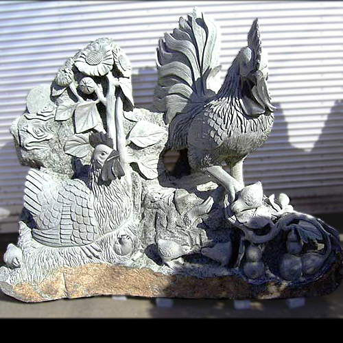 天然御影石彫刻 ひまわりと鶏親子