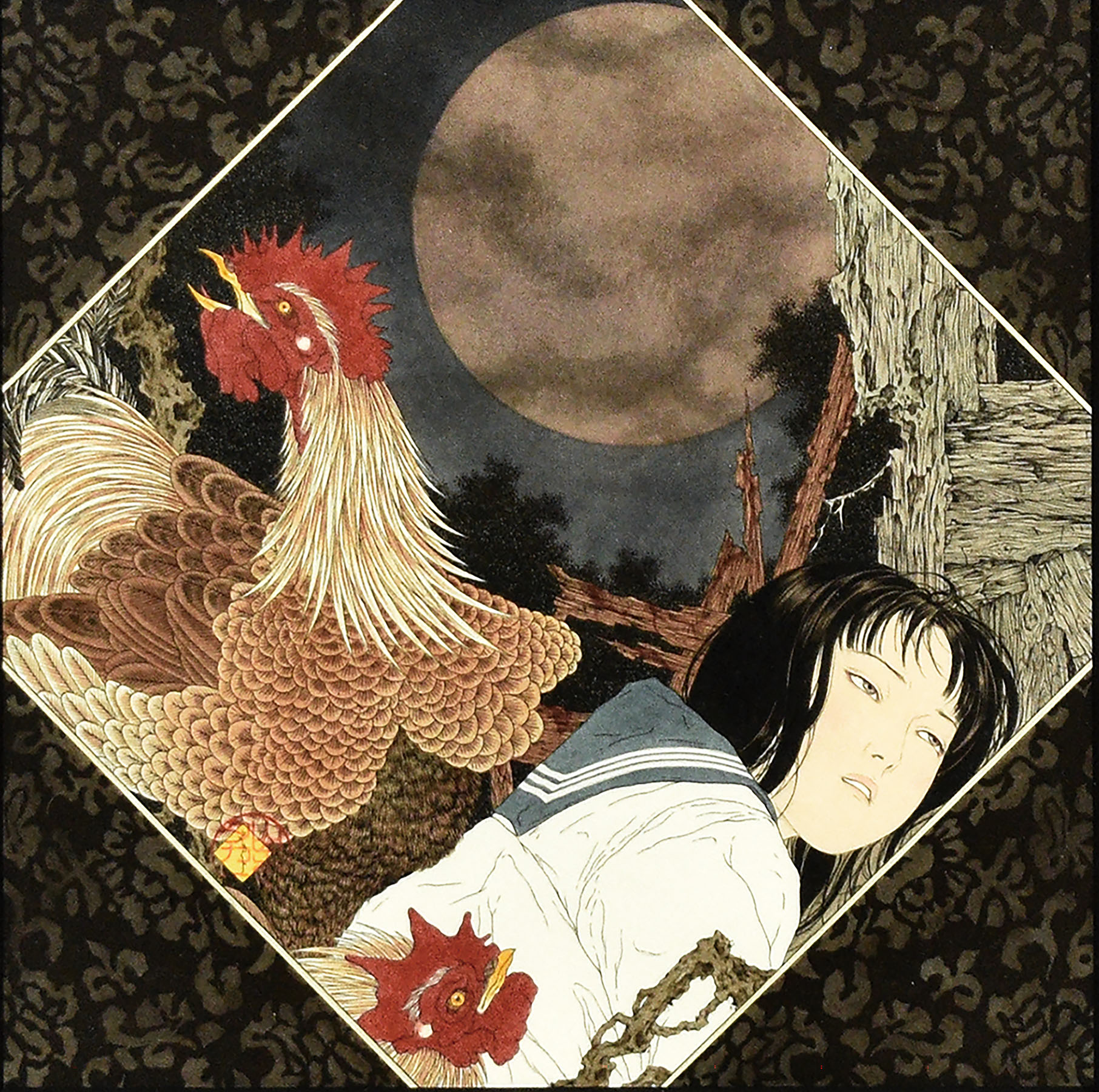 山本タカト画額「鶏と少女」 | Natsume Books