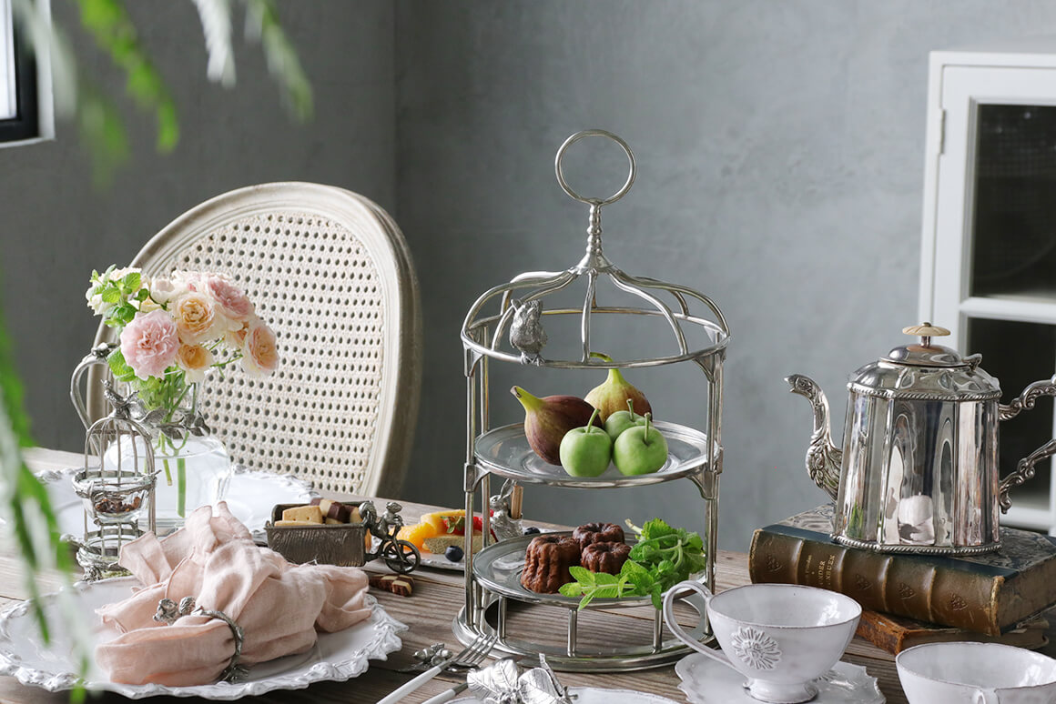 Pewter2段ケーキスタンドBird Cage