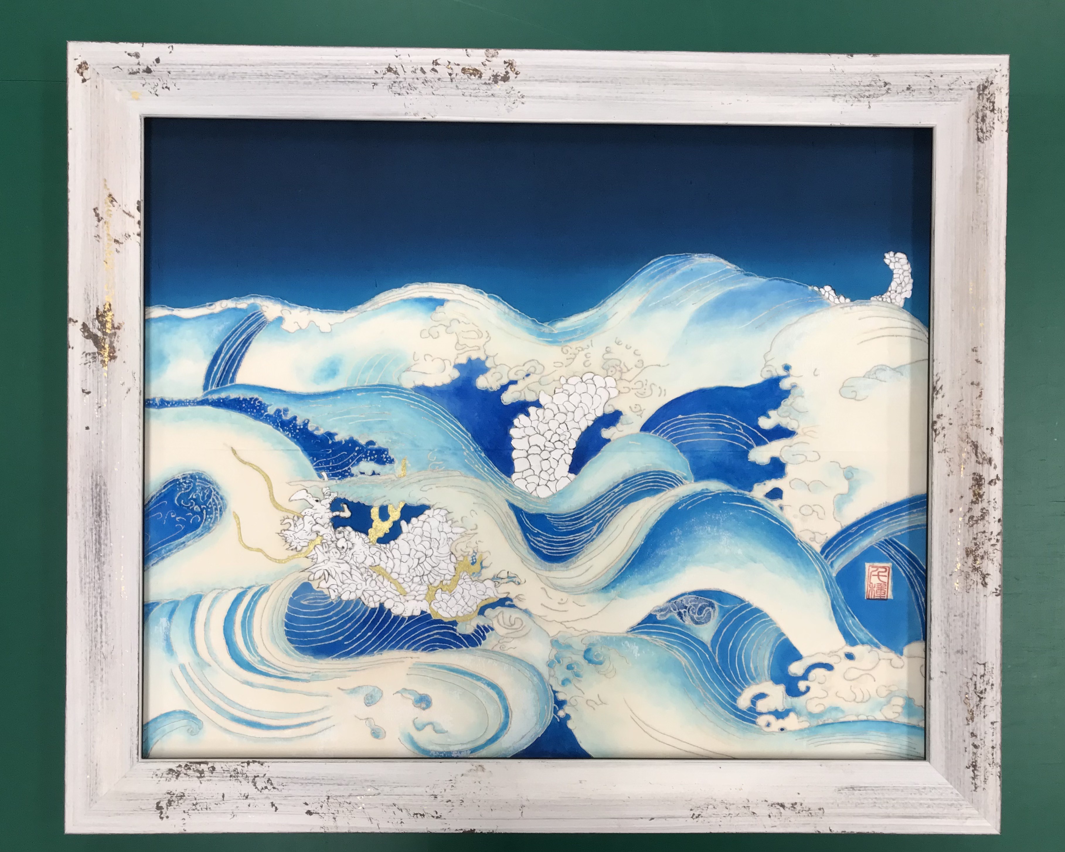 シルク染色 二柱の「龍」の額装