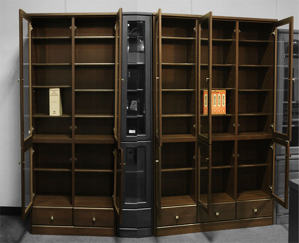 天然木・ガラス扉のハイタイプ書棚・引き出し付【書斎家具通販】