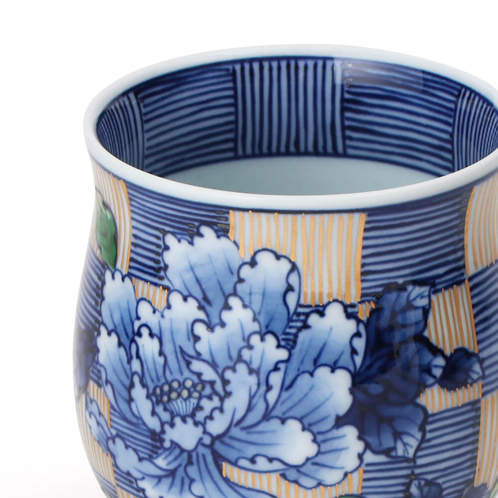 紺朱格子牡丹絵 組湯呑 ｜ 有田焼の源右衛門窯公式オンラインショップ