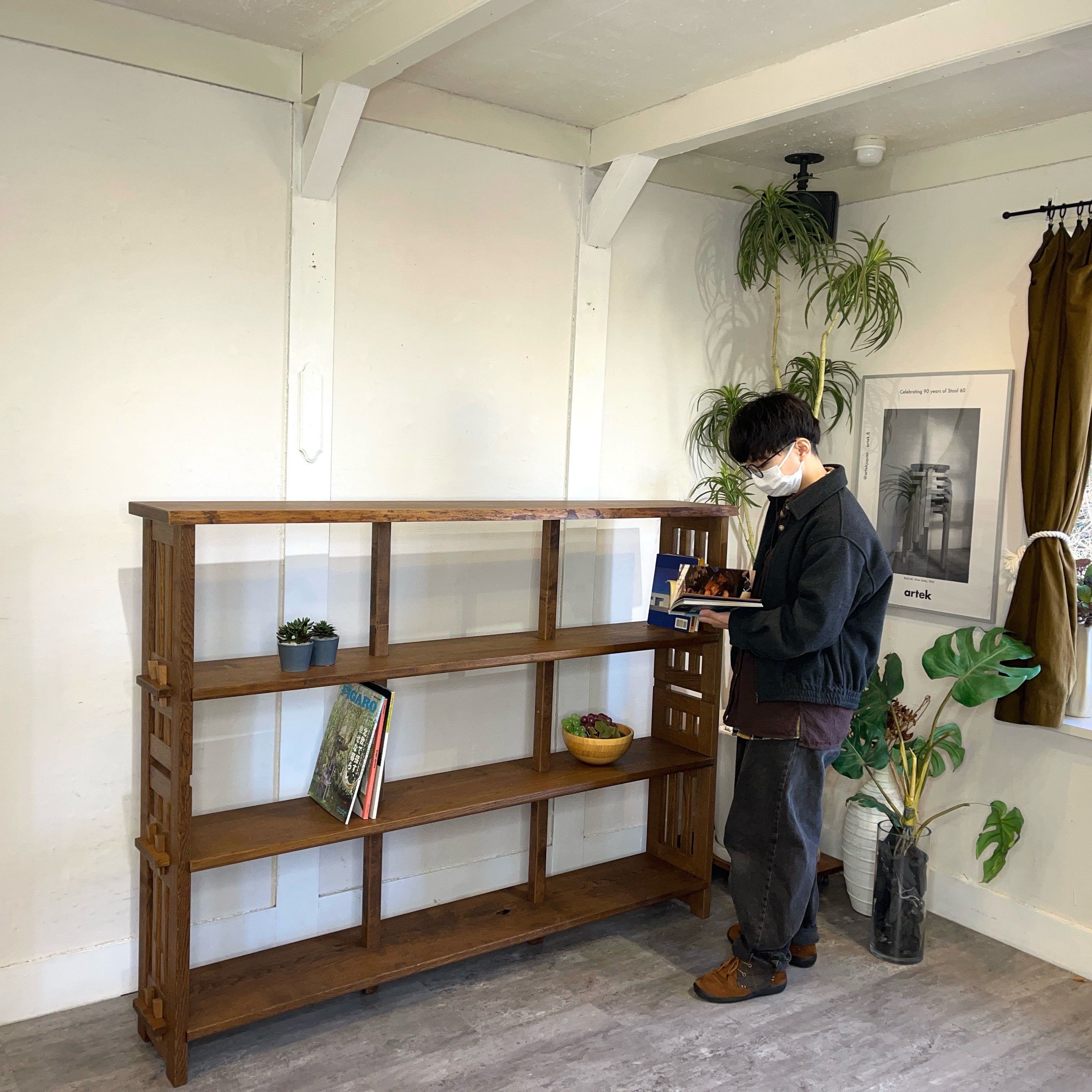 ナラ無垢材 楔式本棚 シェルフ キャビネット 中古 レトロ 160㎝ 木