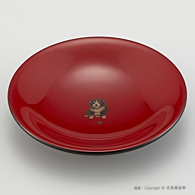 菓子鉢｜輪島塗 菓子鉢 ユリ型 干支・いぬ蒔絵 外黒内朱