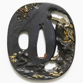 b8. 波龍図鐔 銅地 真鍮象嵌 覆輪 美濃鐔 b8. 波龍図鐔 銅地 真鍮象嵌