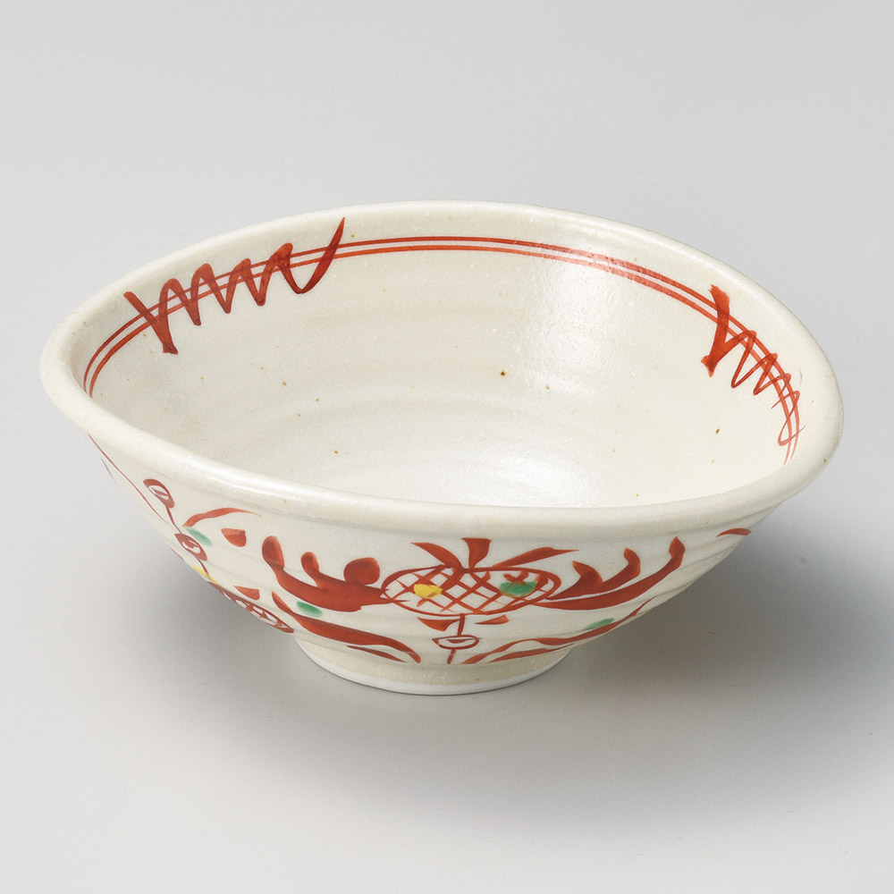 粉引手書赤絵花楕円7.0深皿(和食器,鉢もの,中鉢)|食器通販の陶磁庵