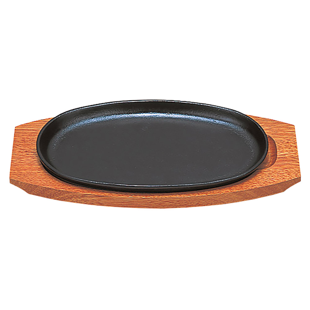 鉄・木］小判型ステーキ鉄皿 （木台付）25cm(ステーキ用の鉄皿)|食器