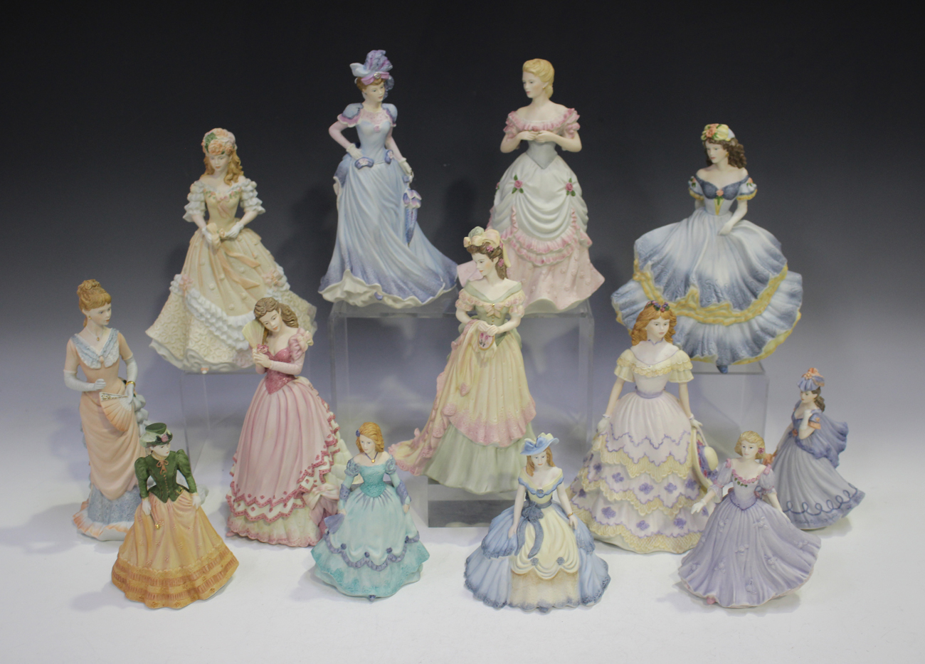 Eight Coalport Age of Elegance figures, including Blenheim Palace